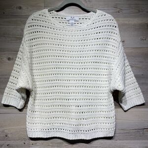 Magaschoni Cream Sweater Size Small Crochet Open Knit Dolman Sleeve Beachy Boxy
